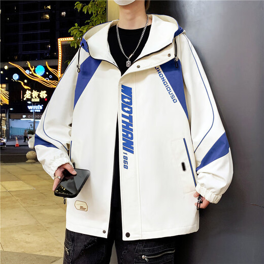 常缕竺 春秋季夹克外套男青少年韩版连帽男装时尚百搭学生 春秋683款白蓝 【款】 2XL 建议【140-155斤】