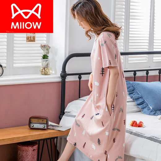 Catman (Miiow) Marke Nighthot für Frauen Sommer reines Baumwoll kurzärmelige Long-Knie-Pyjama 2023 New Cotton Korean Thin Home Clothing 9901 Langer Rock M.