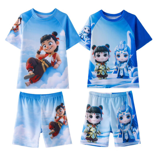 2025 new swimsuit for children and boys, short-sleeved sunscreen, quick-drying hot spring swimsuit, middle and older children Nezha cartoon swimsuit 23-Ao Bing L LL suitable for weight 20-40Jin Jin is equal to 0.5 kg