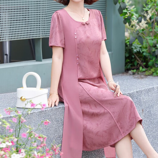 叶衣中老年连衣裙喜婆婆妈妈装夏装裙子50岁洋气中年女装假两件雪纺裙 6625粉色 4XL 建议130-145斤