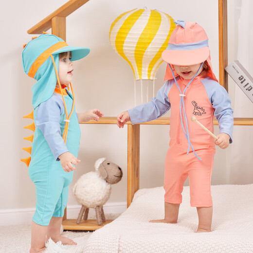 Yun dye children's swimsuit 2025 new one-piece dinosaur horn sunscreen surf suit for boys and girls, infant and toddler quick-drying swimsuit 251 lake blue + sun protection hat 80 cm