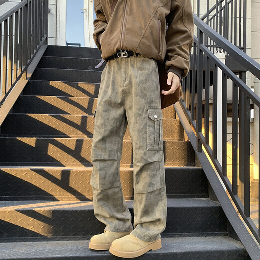 IZEXX Camouflage Work Casual Pants Men's Autumn Retro Versatile Wasteland Style Loose Straight Long Pants IZ53 Khaki 3XL