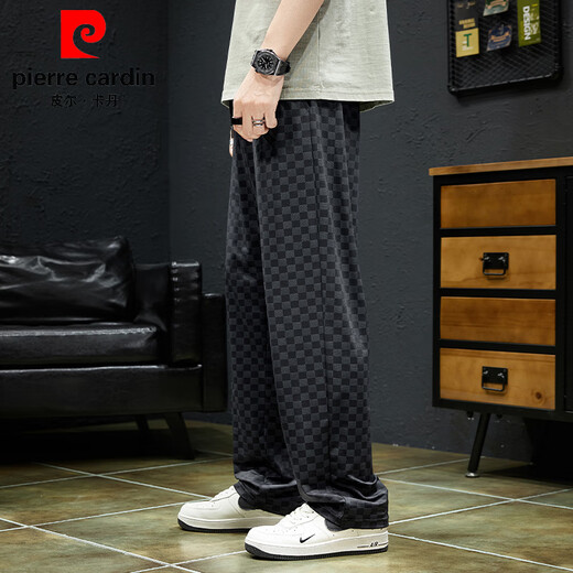 皮尔卡丹（pierre cardin）棋盘格裤子男士夏季薄款2025新款冰丝运动速干宽松阔腿直筒休闲裤 9905黑色 M (28-29码)