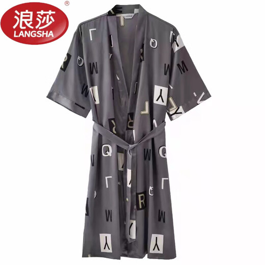 LangSha light luxury nightgown men's summer short-sleeved thin ice silk bathrobe men's mid-length sexy pajamas spring and autumn home clothes 13006 dark gray letter robe short-sleeved 3XL 185 170-200Jin Jin equals 0.5 kg