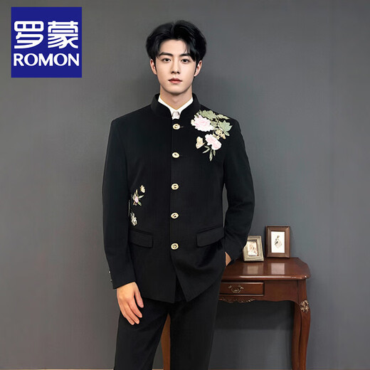 ROMON New Chinese Style Peony Butterfly Embroidered Suit Suit Men's Chinese tunic suit Chinese style Tang suit small suit jacket groom's wedding black suit + pants + white stand-up collar shirt XL
