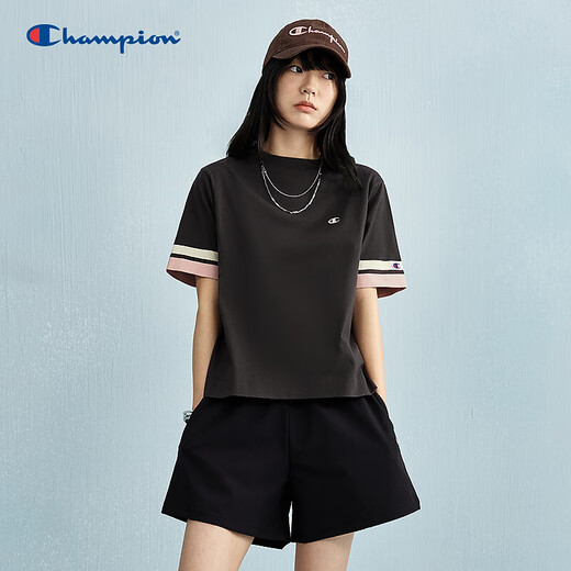 Champion冠军短袖女新款拼接撞色美式复古风T恤潮牌宽松 水墨黑 M
