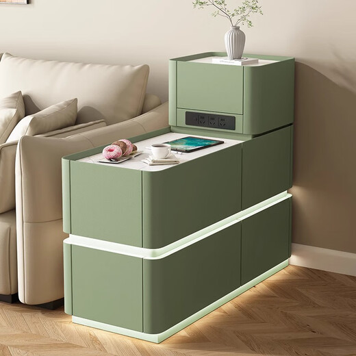 Hexuan Multifunctional Sofa Side Cabinet Smart Solid Wood Storage Cabinet with Socket Living Room Premium Slate Sofa Side Table Storage Cabinet Beige Bull Socket + Light Strip + Wireless Charging Width 30*Length 80*H 85cm
