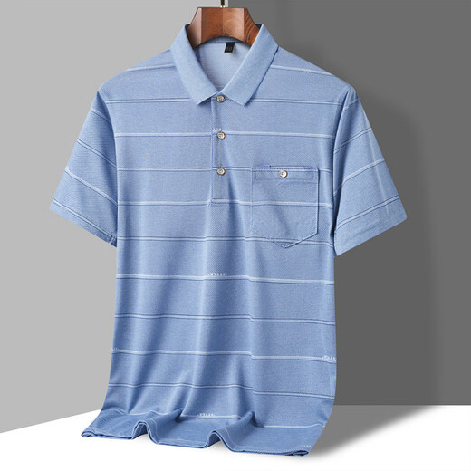 金利来金利来爸爸夏装短袖T恤冰丝中年男士速干衣口袋中老年人宽松翻领P 9855 蓝色 M 48/165