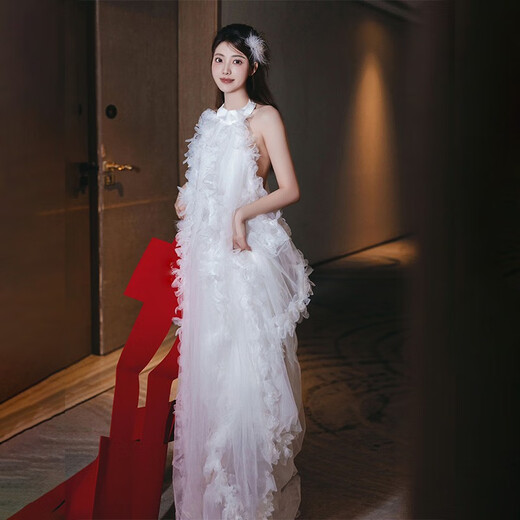 现宝莲法式新娘结婚晨袍睡裙白色轻婚纱礼服伴娘网纱连衣裙露背仙女长裙 白色 XL