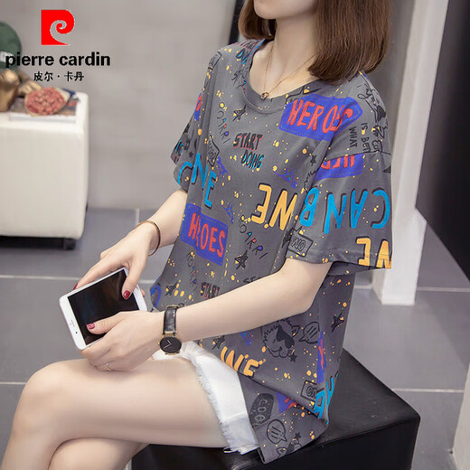 皮尔卡丹（pierre cardin）短袖t恤女韩版胖妹妹百搭显瘦遮肚子上衣加大码胖mm夏装新款印花 9902蓝色 M 80-95斤