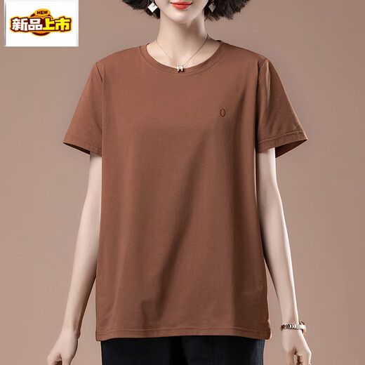 初径夏天短袖t恤女加大码宽松刺绣女装棉体恤上衣中年妈妈打底衫女 咖啡【9892款】 2XL 130-145斤