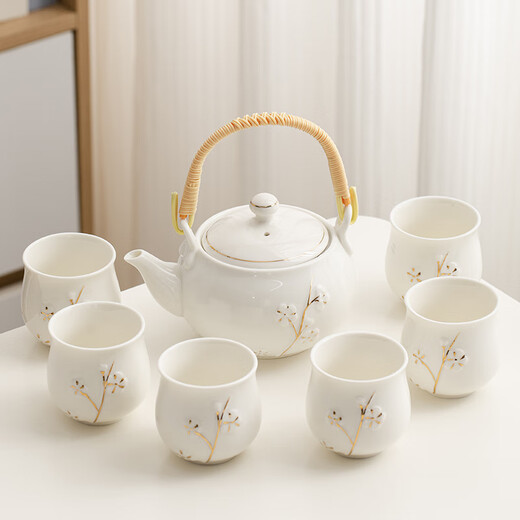 Fat Donglai's same tea set, a complete set of high-end white porcelain handle teapot set, modern household simple light luxury ceramics, gold-painted white handle set, simple packaging