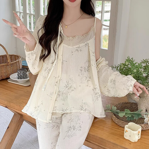 梦特娇（MONTAGUT）云朵棉睡衣女春秋季长袖吊带三件套可爱树叶纯欲风家居服2025新款 tfn#f9929 均码 m建议75-95斤
