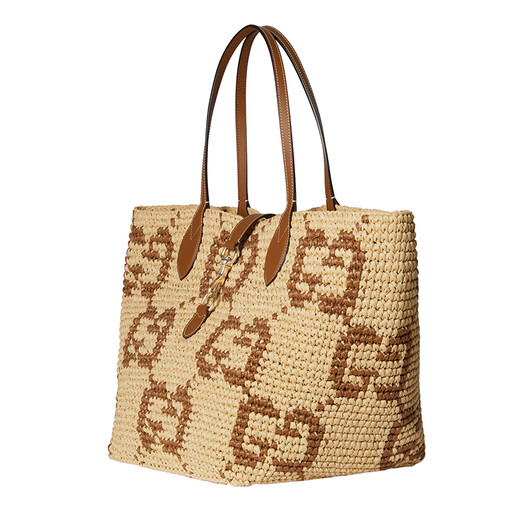 Gucci (GUCCI) Women's Medium Brown Raffia Effect Fabric GG Graphic Underarm Shoulder Bag 8182229AAGM9767 26x28x26cm