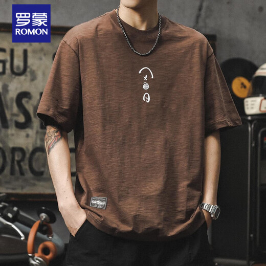 罗蒙（ROMON）美式复古短袖男夏季重磅竹节棉t恤设计感百搭宽松体恤刺绣上衣潮 卡其色 重磅230克 XL 140-160斤