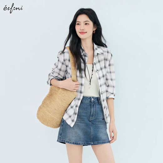Eifini eifini 2025 summer new black and white plaid shirt for women, basic, easy to wear, versatile commuting long-sleeved top, white L