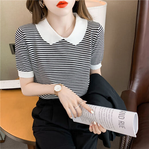 皮尔卡丹条纹娃娃领短袖女2025夏季新款冰丝针织衫薄款T恤小个子减龄上衣 DX691#黄色 S 建议80-100斤