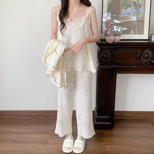 梦特娇（MONTAGUT）云朵棉睡衣女春秋季长袖吊带三件套可爱树叶纯欲风家居服2025新款 tfn#f9929 均码 m建议75-95斤