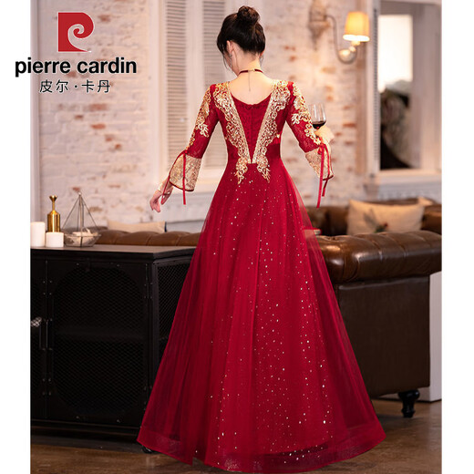 皮尔卡丹敬酒服新娘2025新款夏季酒红色感中式长袖结婚订婚礼服女 酒红色中长款 【684】 L