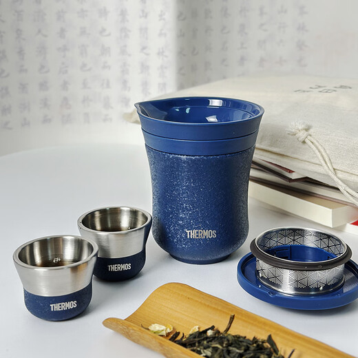 THERMOS tea travel set travel tea set outdoor camping portable insulated teapot tea cup birthday gift TCMU ice flower paint 304 stainless steel glazed blue