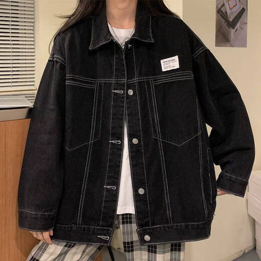 张饭雨牛仔外套女春秋韩版宽松牛仔衣胖mm无帽外套潮流上衣夹克牛仔衣服 9926#黑色 S  建议80--100斤