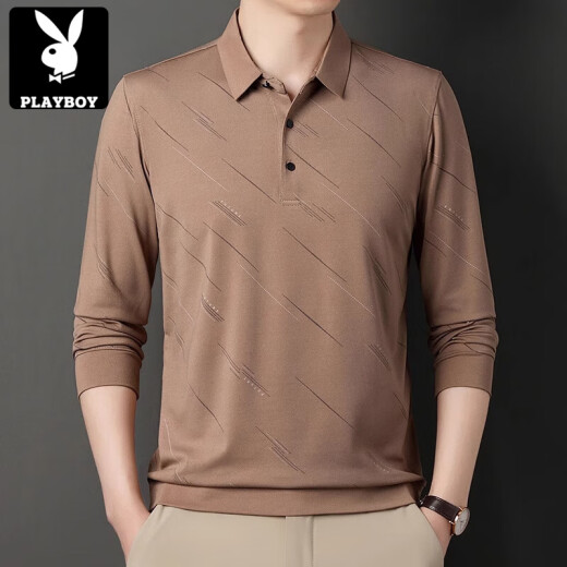 Playboy (PLAYBOY) summer ice silk t-shirt men's long-sleeved 2025 new middle-aged casual lapel thin daddy t-shirt 829 navy blue 3XL 185