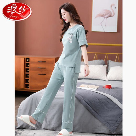 Langsha High-End-Pyjamas für Frauen reine Baumwolle 2025 Neue kurzärmelige Hosen Hauskleidung für dünnen Baumwollanzug 7374 Bohnenpaste Pulver M 80-100jin [Jin gleich 0,5 kg]