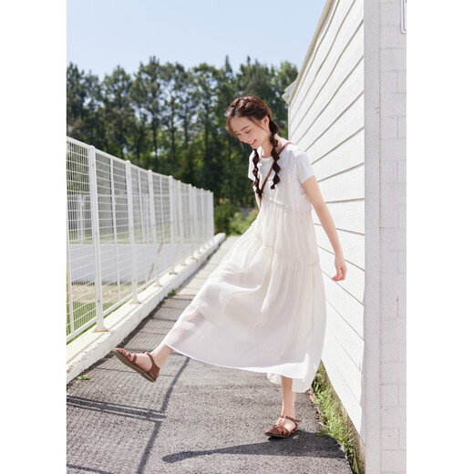 Zihan (ZIHAN) Zihan pure white round neck short-sleeved T-shirt lace suspender dress two-piece suit for women 2025 summer new style Almond White M