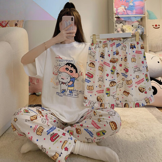 Victoria's style Victoria's Secret series Crayon Shin-chan pajamas for women summer short-sleeved new three-piece set Korean ins cartoon student home (three-piece set) A9901# L (recommended 101-115 Jin Jin equals 0.5 kg)