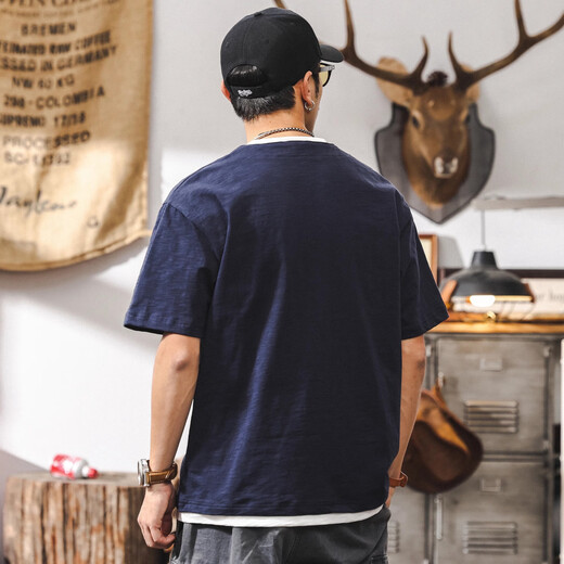 Jay Leno fake two-piece bamboo cotton men's T-shirt short-sleeved summer trendy brand 230g heavy cotton American retro henley shirt for men royal blue heavy 230g 3XL suitable for 180-200Jin Jin is equal to 0.5 kg