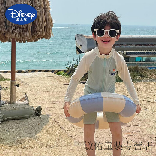 Disney children's swimsuit for boys and girls 2025 new one-piece long-sleeved sunscreen quick-drying swimsuit baby beach vacation swimsuit Coconut Dinosaur (+ Hat) 90 #