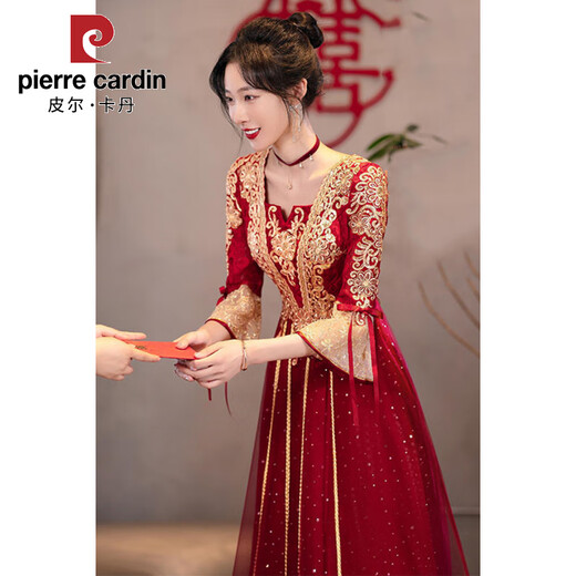 皮尔卡丹敬酒服新娘2025新款夏季酒红色感中式长袖结婚订婚礼服女 酒红色中长款 【684】 L