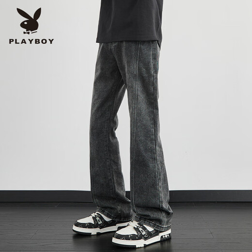 Playboy Bootcut Jeans Men's 2025 Autumn and Winter Slim Flare Pants American High Street Scimitar Plus Velvet Men's N24Q301 Blue 2XL