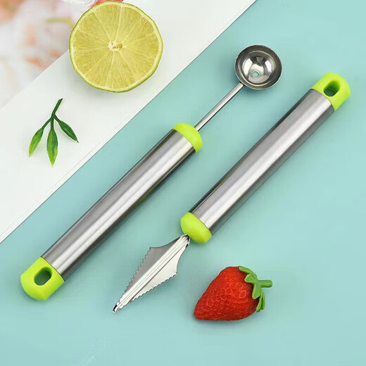 Rice harvesting fruit fork, stainless steel watermelon fruit cutter, ice cream scoop, multifunctional fruit scoop, carved carved knife - green