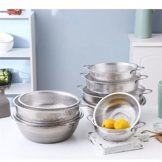 Bodenju stainless steel sink drain basket household fruit basin vegetable basket kitchen vegetable basket water food grade double ear dense hole basin 28.5CM leaky basin + 31CM solid basin