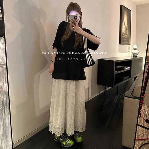 Ono Qitian white lace skirt a-line women's summer design elastic waist mid-length skirt new Chinese style national style lace skirt one size