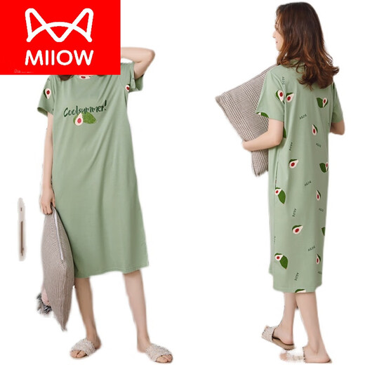 Catman (Miiow) Marke Nighthot für Frauen Sommer reines Baumwoll kurzärmelige Long-Knie-Pyjama 2023 New Cotton Korean Thin Home Clothing 9901 Langer Rock M.