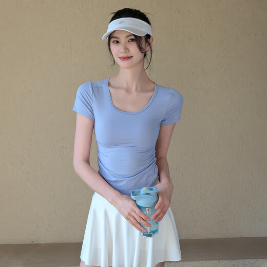 ACKDCS Cool Yoga Wear Short Sleeve Women's Summer Thin Sports T-Shirt Top Pilates Fitness Training Set Glacier Blue Short Sleeve + White Skirt M Recommended 95-110 Jin Jin equals 0.5 kg