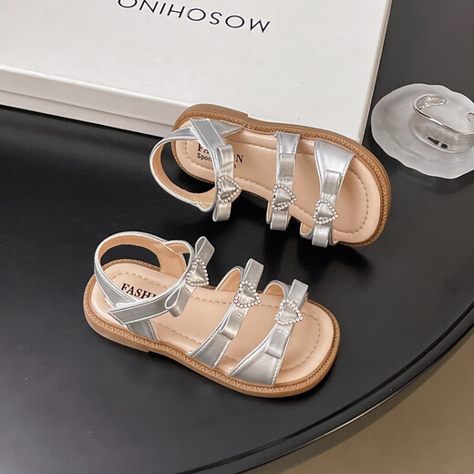 Girls Princess Sandals 2025 Summer New Children's Sandals Soft Sole Medium and Large Children's Open Toe Sandals Velcro Girls Silver Size 27 Inner Length Approximately 16.7cm