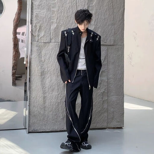 An Chuxia American high street shoulder padded blazer men's metal airplane buckle design jacket autumn handsome street suit black jacket + gray T-shirt + zipper pants 3-piece set XL store priority delivery