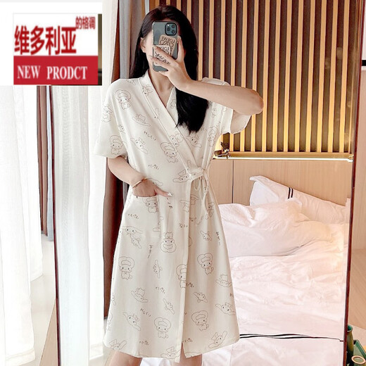 维多利亚的格调睡袍女夏季纯棉短袖浴袍日系薄款玉桂狗睡衣日式中长款 653 L
