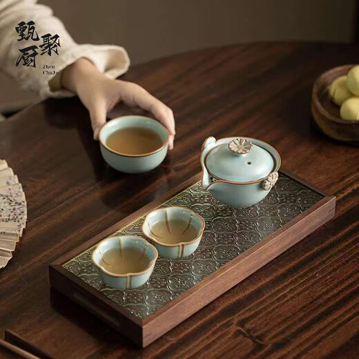 Zhenchu Ru Kiln Travel Tea Set One Pot Three Cups Outdoor Portable Ceramic Quick Cup Single Person Portable Tea Making Equipment Lotus Leaf Continuous One Pot Three Cups Sky Blue