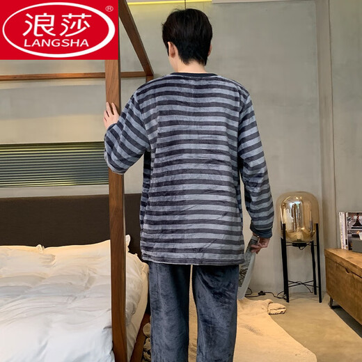 Langsha Herren-Pyjamas im Winter verdickte Korallenmerze gestreifte langärmelte Hauskleidung für Teenager können Winteranzüge 3890 Buchstaben 3xl tragen