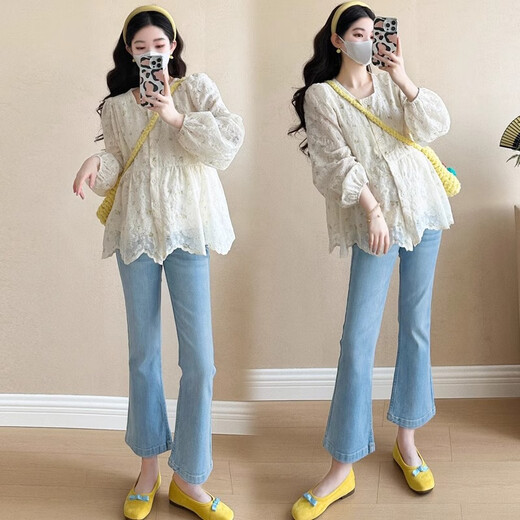 Geman Maternity Clothes Spring and Autumn Clothing Tops Fashionable Age-reducing Belly Covering Maternity Clothes Doll Shirts Loose Little People Autumn Shirts Apricot Tops + Blue Jeans 2XL