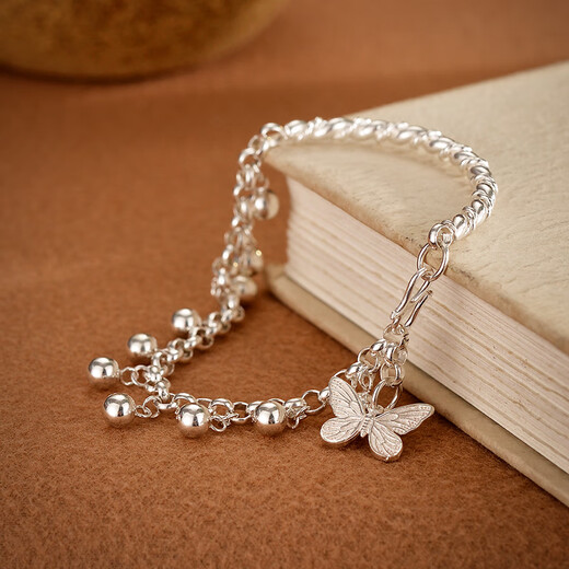 Oein999 Pure Silver Bracelet Female Student Style Small Round Ball Butterfly Original Handmade Sterling Silver Anklet Jewelry Gift Extra Thin Foot Circumference 18-20cm Anklet Chain Total