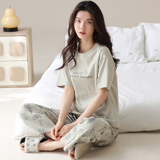 Women's short-sleeved pure cotton pajamas set summer trousers home clothes Korean version thin can be worn outside summer cartoon Y9721 M (recommended 75-95Jin Jin is equal to 0.5kg)