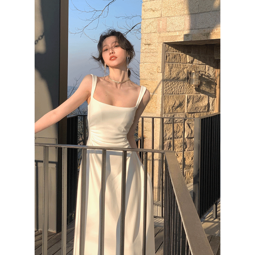 Zuo Xu white suspender dress for women 2025 new summer thin seaside resort style mid-length skirt for women slimming white wide suspender dress when/next day delivery L (110-120Jin Jin equals 0.5 kg)