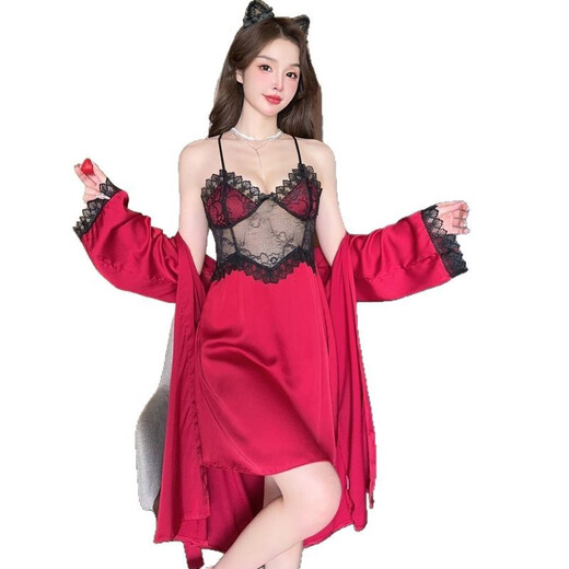 Ziweiqi lace suspender nightgown, charming two-piece pajamas and nightgown 9221 black XL