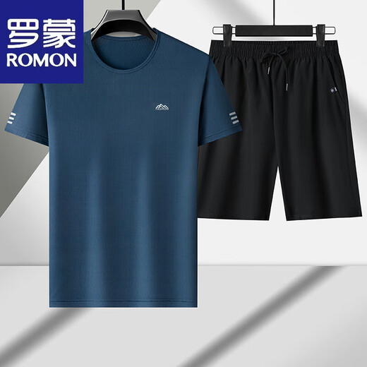 罗蒙（ROMON）冰丝休闲套装男士新款夏季透气时尚短袖t恤运动短裤速干透气上衣 套装5012黑色 M 165建议90-120斤