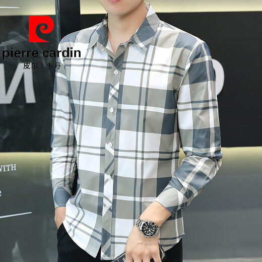 皮尔卡丹（pierre cardin）夏季新款冰丝长袖衬衫男格子休闲衬衣上衣服薄款防晒外套潮流寸衣 灰色 【长袖】719 M 90-104斤